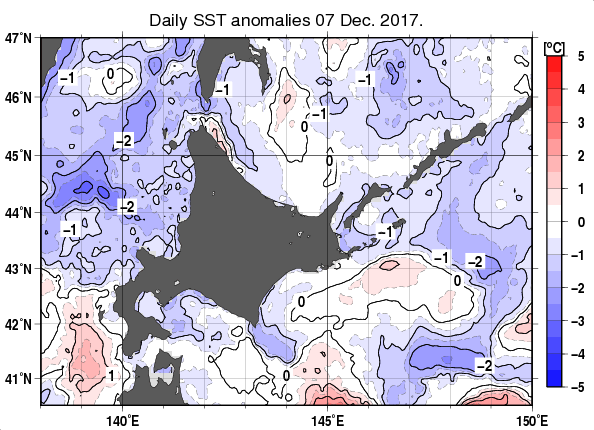 北海道周辺海域の海面水温平年差分布図（12月7日）