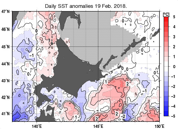 北海道周辺海域の海面水温平年差分布図（2月19日）