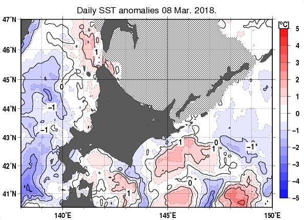 北海道周辺海域の海面水温平年差分布図（3月8日）