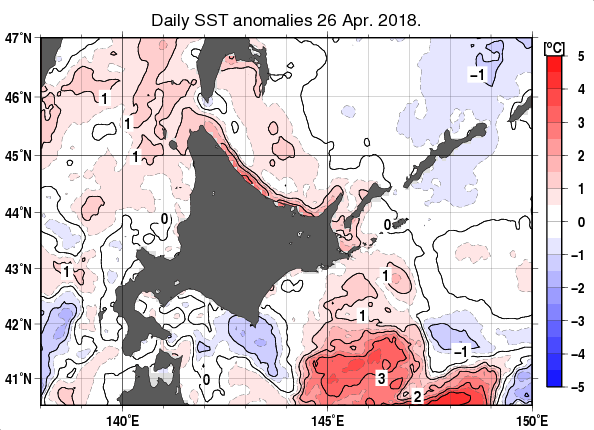 北海道周辺海域の海面水温平年差分布図（4月26日）