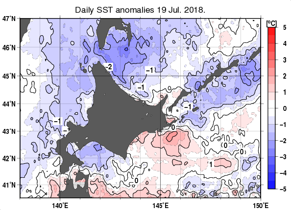 北海道周辺海域の海面水温平年差分布図（7月19日）
