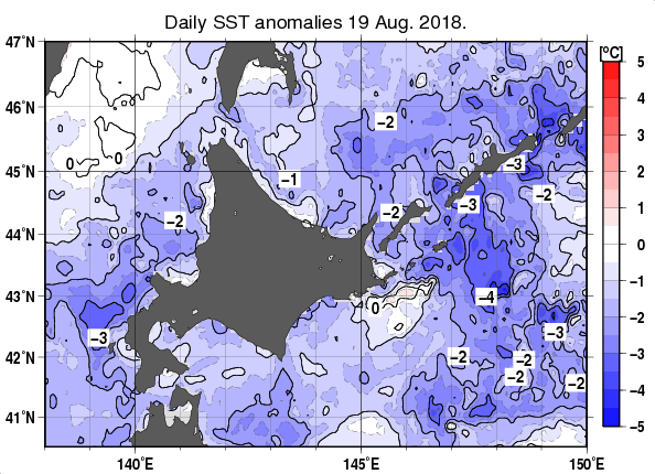 北海道周辺海域の海面水温平年差分布図（8月19日）