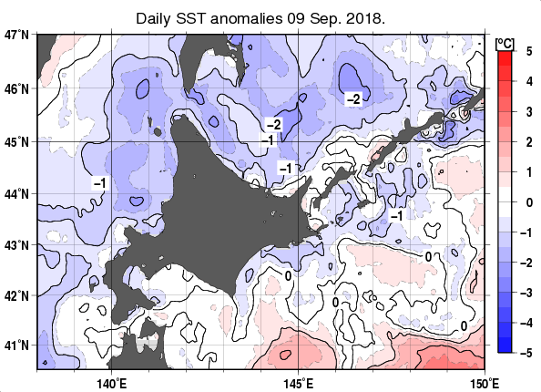 北海道周辺海域の海面水温平年差分布図（9月9日）