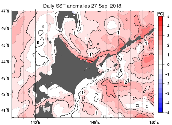北海道周辺海域の海面水温平年差分布図（9月27日）