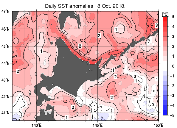 北海道周辺海域の海面水温平年差分布図（10月18日）