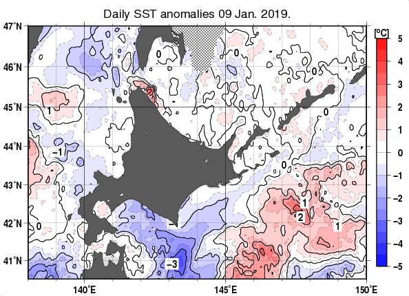 北海道周辺海域の海面水温平年差分布図（1月9日）