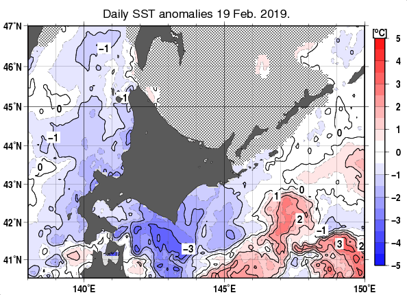 北海道周辺海域の海面水温平年差分布図（2月19日）