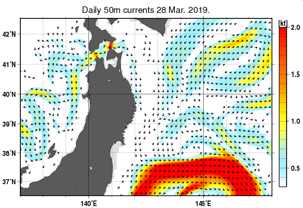 東北周辺海域の深さ50mの海流分布図（3月28日）