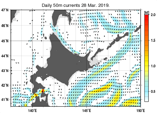 北海道周辺海域の深さ50mの海流分布図（3月28日）