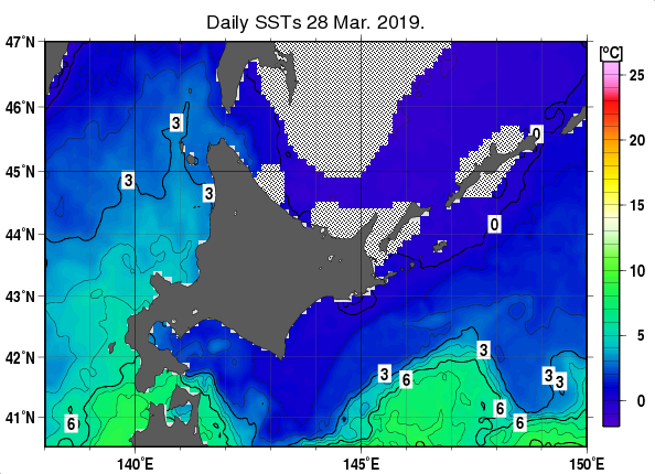 北海道周辺海域の海面水温分布図（3月28日）