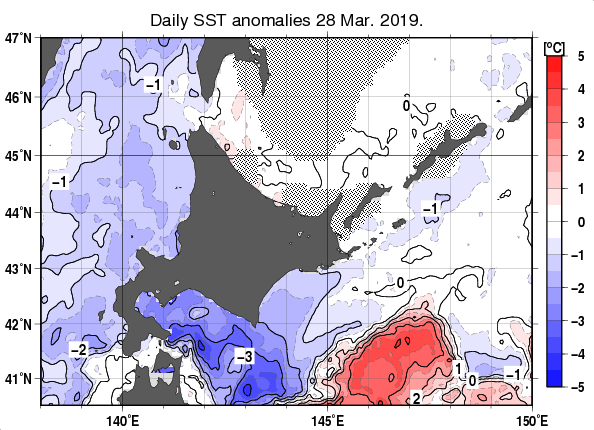北海道周辺海域の海面水温平年差分布図（3月28日）