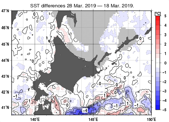 北海道周辺海域の10日間の海面水温変化量分布図（3月28日）