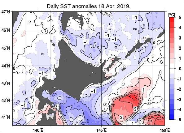 北海道周辺海域の海面水温平年差分布図（4月18日）