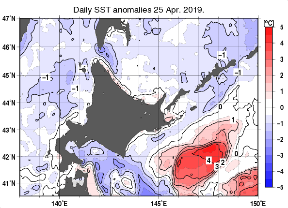北海道周辺海域の海面水温平年差分布図（4月25日）