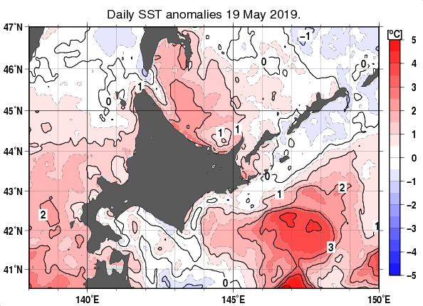 北海道周辺海域の海面水温平年差分布図（5月19日）