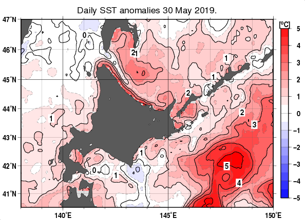 北海道周辺海域の海面水温平年差分布図（5月30日）