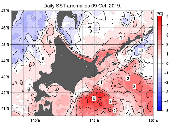 北海道周辺海域の海面水温平年差分布図（10月9日）