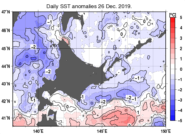 北海道周辺海域の海面水温平年差分布図（12月26日）