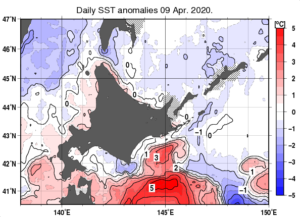 北海道周辺海域の海面水温平年差分布図（4月9日）