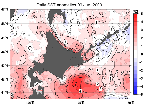 北海道周辺海域の海面水温平年差分布図（6月9日）