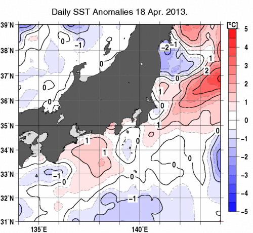 関東・東海・北陸周辺海域の海面水温偏差分布図（4月18日）