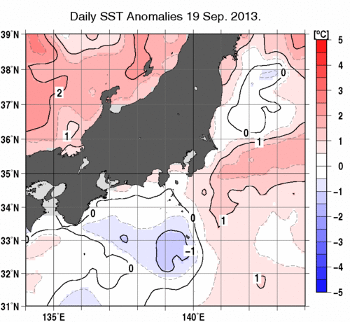 関東・東海・北陸周辺海域の海面水温平年差分布図（9月19日）