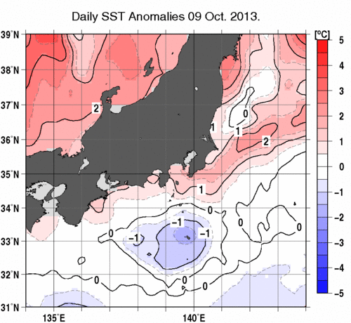 関東・東海・北陸周辺海域の海面水温平年差分布図（10月9日）