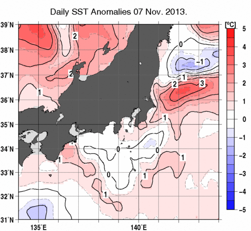 関東・東海・北陸周辺海域の海面水温平年差分布図（11月7日）