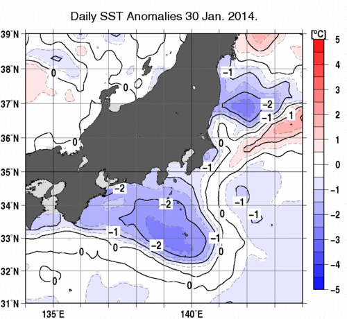 関東・東海・北陸周辺海域の海面水温平年差分布図（1月30日）