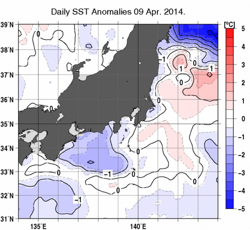 関東・東海・北陸周辺海域の海面水温平年差分布図（4月9日）