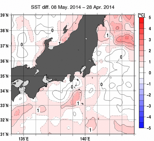 関東・東海・北陸周辺海域の10日間の海面水温変化量分布図（5月8日）