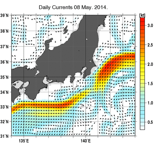 関東・東海・北陸周辺海域の深さ50mの海流分布図（5月8日）