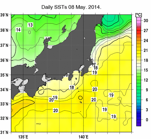 関東・東海・北陸周辺海域の海面水温分布図（5月8日）