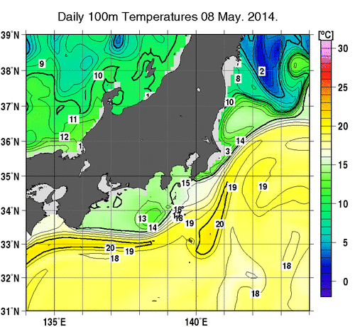 関東・東海・北陸周辺海域の深さ100mの水温分布図（5月8日）