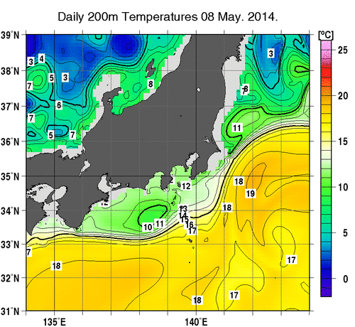 関東・東海・北陸周辺海域の深さ200mの水温分布図（5月8日）