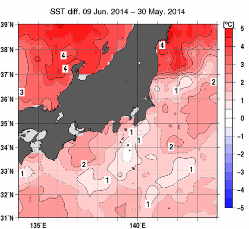 関東・東海・北陸周辺海域の10日間の海面水温変化量分布図（6月9日）