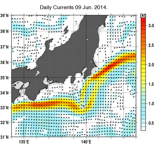 関東・東海・北陸周辺海域の深さ50mの海流分布図（6月9日）