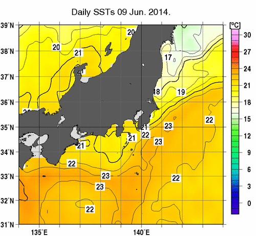 関東・東海・北陸周辺海域の海面水温分布図（6月9日）