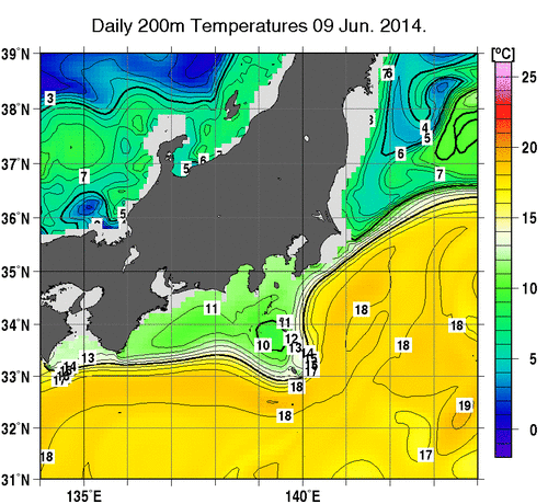 関東・東海・北陸周辺海域の深さ200mの水温分布図（6月9日）