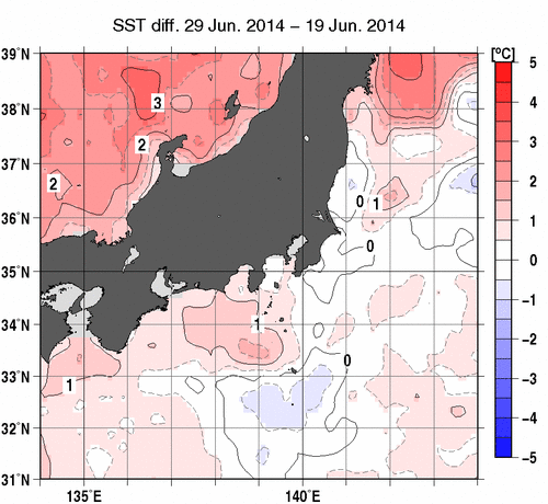 関東・東海・北陸周辺海域の10日間の海面水温変化量分布図（6月29日）