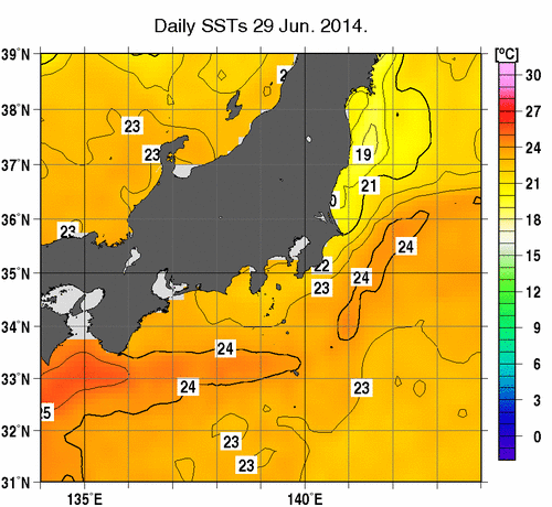 関東・東海・北陸周辺海域の海面水温分布図（6月29日）