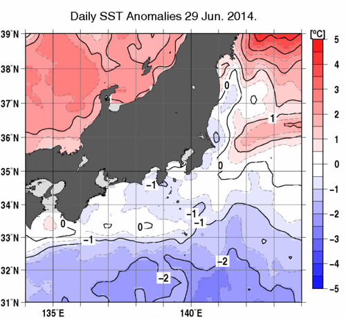 関東・東海・北陸周辺海域の海面水温平年差分布図（6月29日）