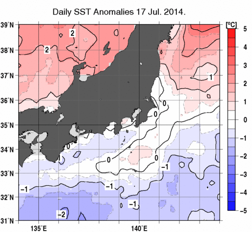 関東・東海・北陸周辺海域の海面水温平年差分布図（7月17日）