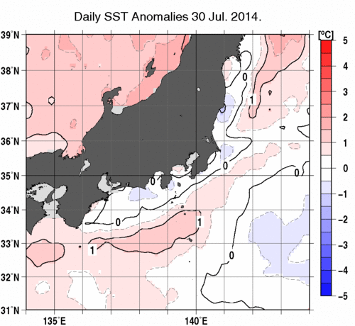関東・東海・北陸周辺海域の海面水温平年差分布図（7月30日）