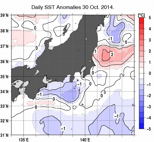関東・東海・北陸周辺海域の海面水温平年差分布図（10月30日）