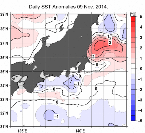 関東・東海・北陸周辺海域の海面水温平年差分布図（11月9日）