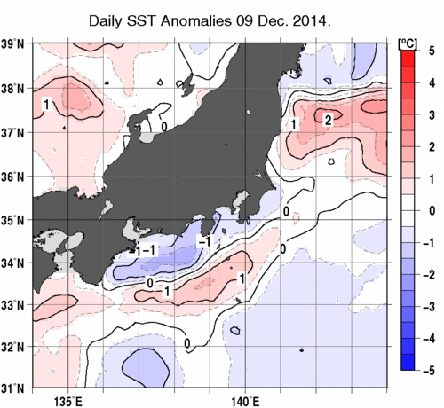 関東・東海・北陸周辺海域の海面水温平年差分布図（12月9日）