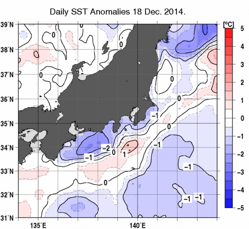 関東・東海・北陸周辺海域の海面水温平年差分布図（12月18日）