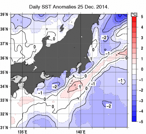 関東・東海・北陸周辺海域の海面水温平年差分布図（12月25日）