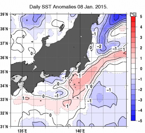 関東・東海・北陸周辺海域の海面水温平年差分布図（1月8日）